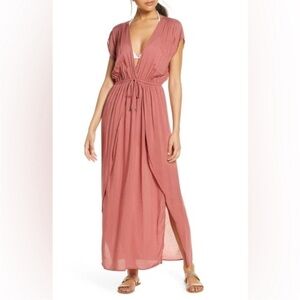 Elan Deep V-neck Cover-up Maxi
Dress In Pink/ Red Rose, Size Small